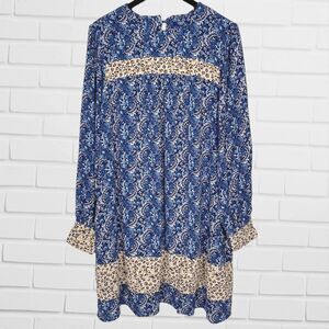 Chaps Womens Babydoll Dress Large Blue Floral Retro Prairie Ruffle Neck New
